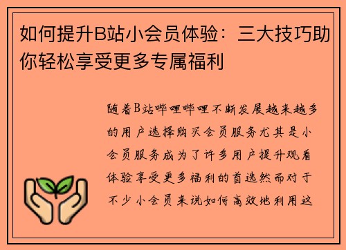 如何提升B站小会员体验：三大技巧助你轻松享受更多专属福利